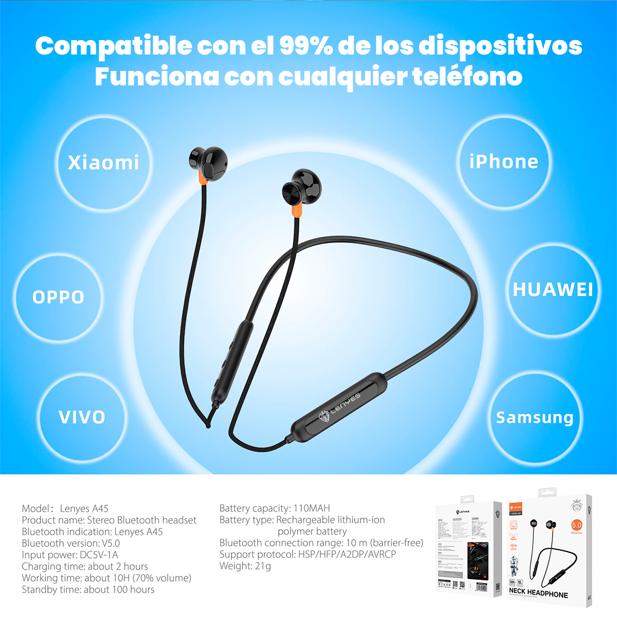 Audífono Bluetooth A45 Neck HeadPhone 2EN1 conector bluetooth